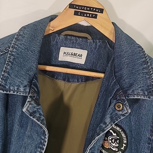 NWOT PULL&BEAR "Lost Stories" Motorcyle Biker Lined Denim Shirt Jacket - Picture 5 of 10